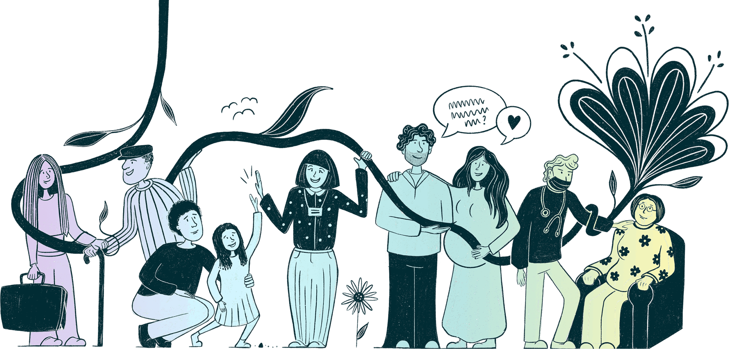 Illustration principale pr&eacute;sentant plusieurs personnes proches aidantes et des professionnels de la sant&eacute; et des services sociaux