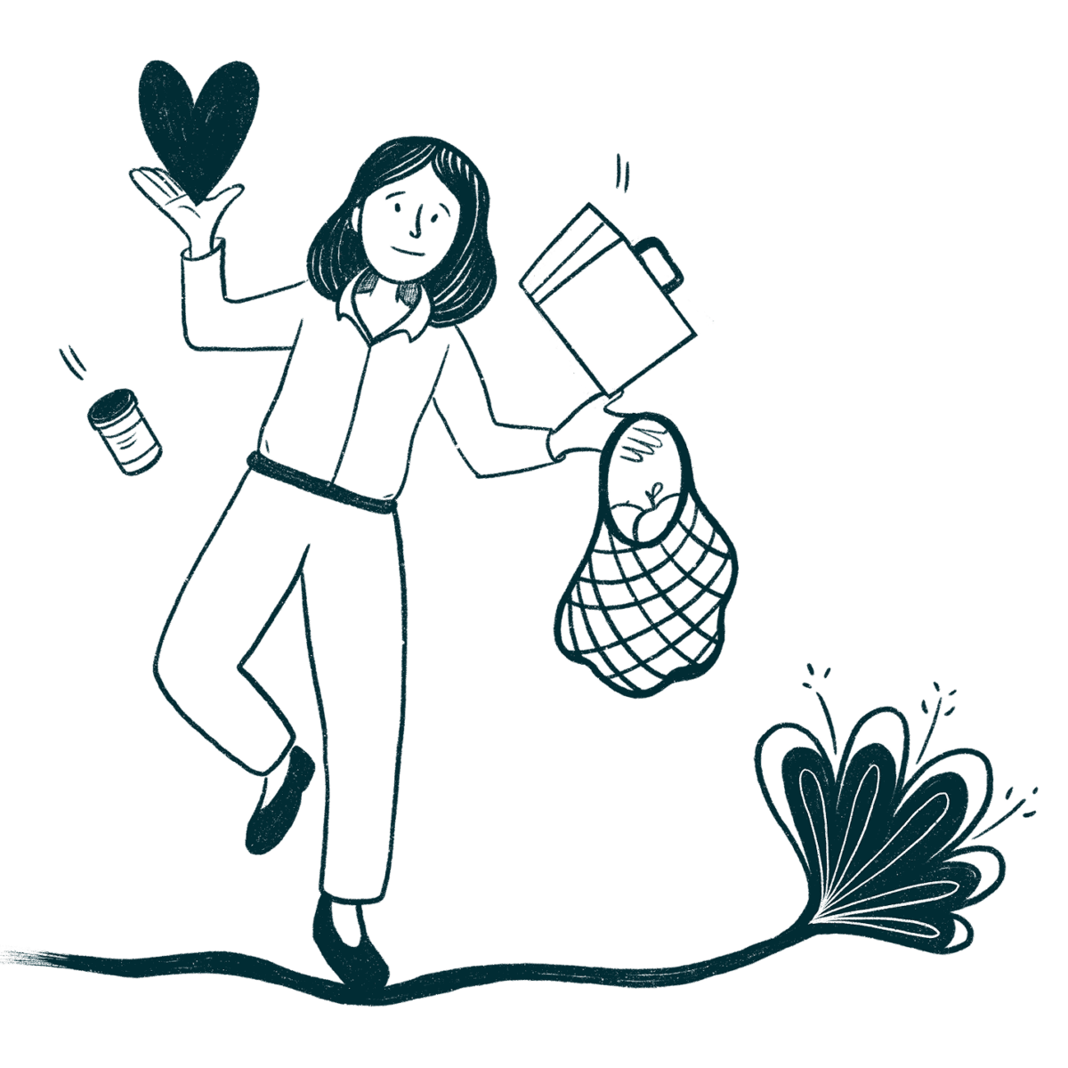 im_intro_Concili-Action Femme qui tient en équilibre, elle jongle avec plusieurs éléments : santé, médicaments, courses et vie ménagère, etc.